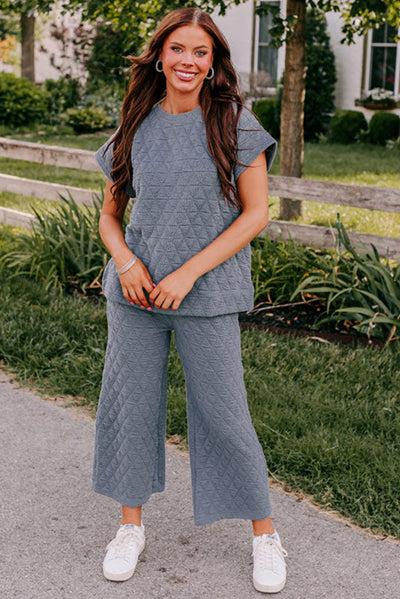 Real Teal Quilted Short Sleeve Wide Leg Pants Set-Loungewear-MomFashion