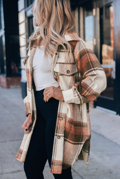 Brown Plaid Print Flap Pockets Long Shacket-Outerwear-MomFashion