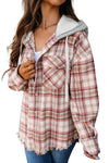 Multicolour Plaid Flap Pocket Hooded Raw Hem Jacket-Outerwear-MomFashion