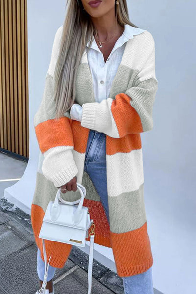 Orange Striped Color Block Drop Shoulder Midi Cardigan-Tops-MomFashion