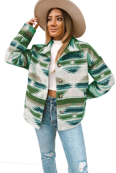 Blackish Green Aztec Print Button Up Long Sleeve Jacket-Outerwear-MomFashion