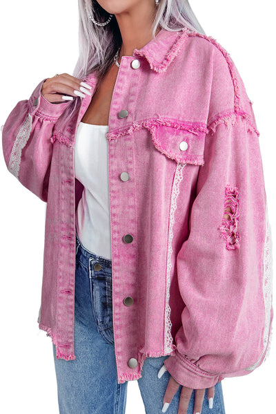 Pink Lace Patchwork Distressed Buttoned Denim Jacket-Outerwear/Denim jackets-MomFashion