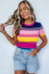 Pink Mixed Stripes Ribbed Knit Top-Tops-MomFashion