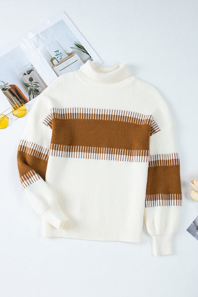 White Printed Patchwork Turtle Neck Knitted Sweater-Tops-MomFashion