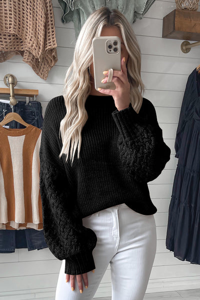 Black Cable Knit Sleeve Drop Shoulder Sweater-Tops-MomFashion