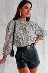 Khaki Frilled Neck 3/4 Sleeves Cheetah Blouse-Tops-MomFashion