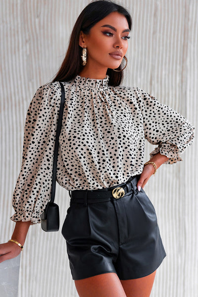 Khaki Frilled Neck 3/4 Sleeves Cheetah Blouse-Tops-MomFashion