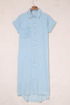 Sky Blue Chambray Shirt Short Sleeves Midi Dress-Dresses-MomFashion