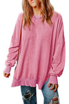 Pink Drop Shoulder Ribbed Trim Oversized Sweatshirt-Tops-MomFashion