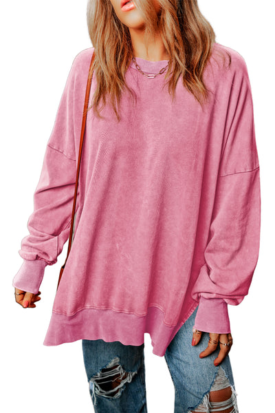 Pink Drop Shoulder Ribbed Trim Oversized Sweatshirt-Tops-MomFashion