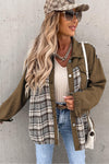 Brown Plaid Patchwork Pockets Denim Jacket-Outerwear-MomFashion