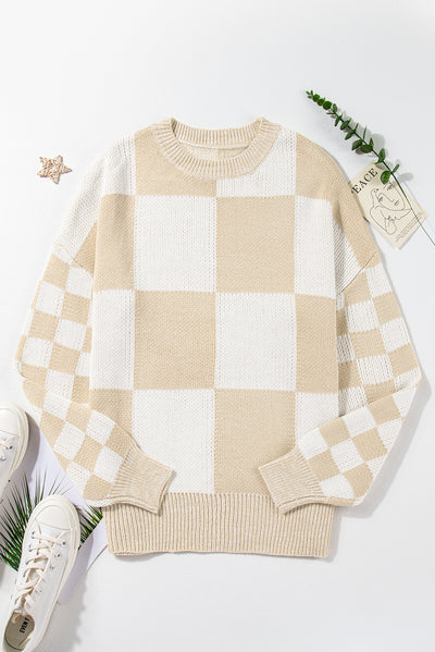 Flaxen Checkered Print Drop Shoulder Sweater-Tops-MomFashion