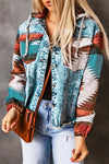 Multicolor Aztec Print Frayed Hem Denim Jacket-Outerwear-MomFashion