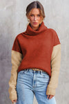 Clay Red Color Block Turtle Neck Drop Shoulder Knit Sweater-Tops-MomFashion