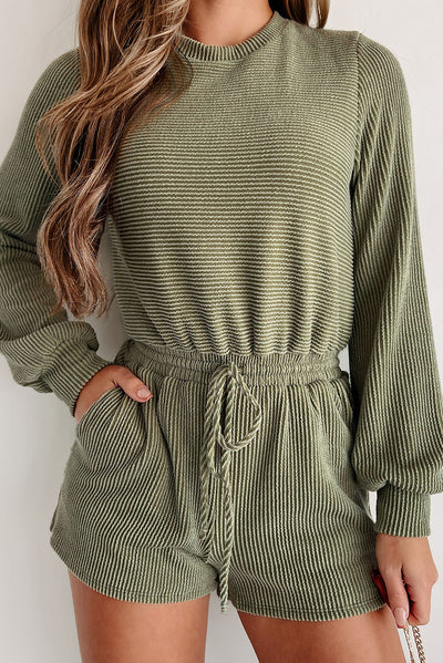 Jungle Green Corded Pullover Long Sleeve Drawstring Romper-Bottoms-MomFashion