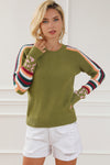 Green Leopard Contrast Striped Sleeve Ribbed Trim Sweater-Tops-MomFashion