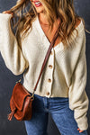 Beige Plain Knitted Buttoned V Neck Cardigan-Tops-MomFashion