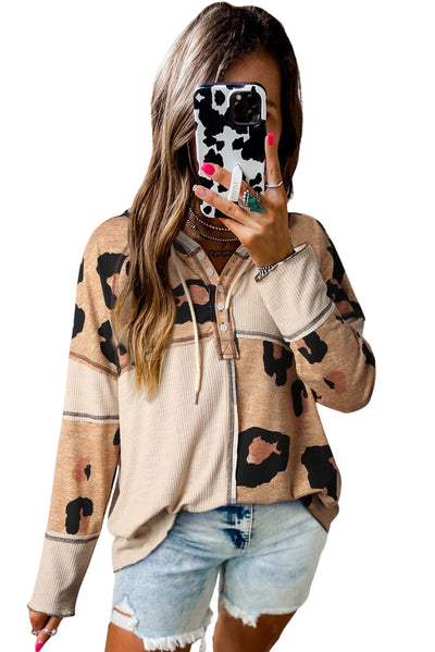 Leopard Print Exposed Seam Ribbed Patchwork Long Sleeve Top-Tops-MomFashion