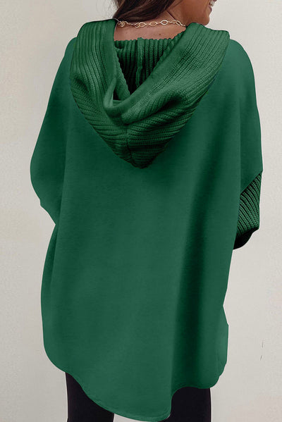 Blackish Green Button Up Contrast Knitted Sleeves Hooded Jacket-Outerwear-MomFashion