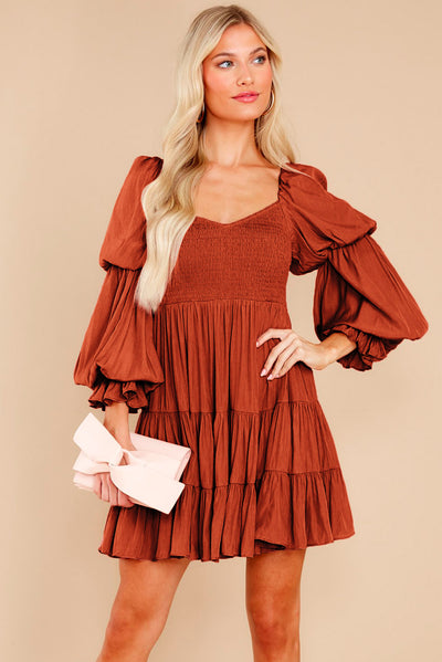 Brown Boho Solid Shirred Ruffle Mini Dress-Dresses-MomFashion