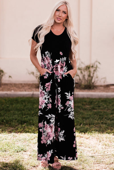 Black Contrast Floral Empire Waist Maxi Dress-Dresses-MomFashion