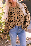 Leopard V Neck Ruffled Cuffs Loose Blouse-Tops-MomFashion