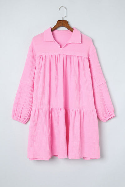 Pink Turn-down Neck Textured Bubble Sleeve Dress-Dresses-MomFashion