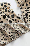 Khaki Frilled Neck 3/4 Sleeves Cheetah Blouse-Tops-MomFashion