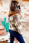 Beige Aztec Print Kangaroo Pocket Half-Zip Hoodie-Tops-MomFashion