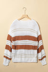 White Striped Knit Puff Sleeve Casual Sweater-Tops-MomFashion