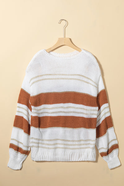 White Striped Knit Puff Sleeve Casual Sweater-Tops-MomFashion