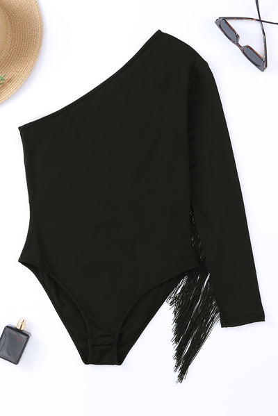 Black One Shoulder Fringed Long Sleeve Bodysuit-Tops-MomFashion