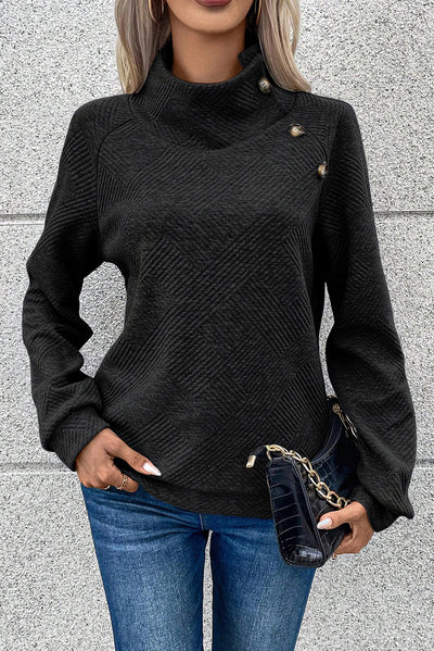 Black Asymmetric Buttons Detail High Neck Textured Sweatshirt-Tops-MomFashion