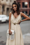 Apricot V Neck Sleeveless Maxi Dress with Elastic Belt-Dresses-MomFashion