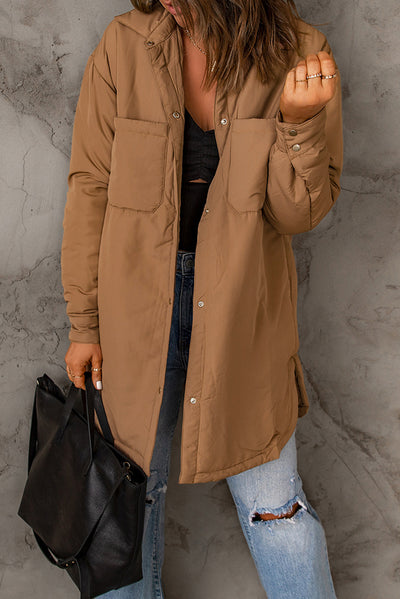 Brown Button Down Padded Jacket with Pockets-Outerwear-MomFashion