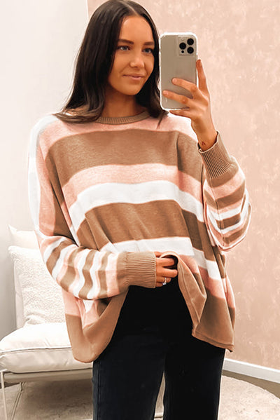 Multicolour Striped Knit Drop Shoulder Loose Sweater-Tops-MomFashion