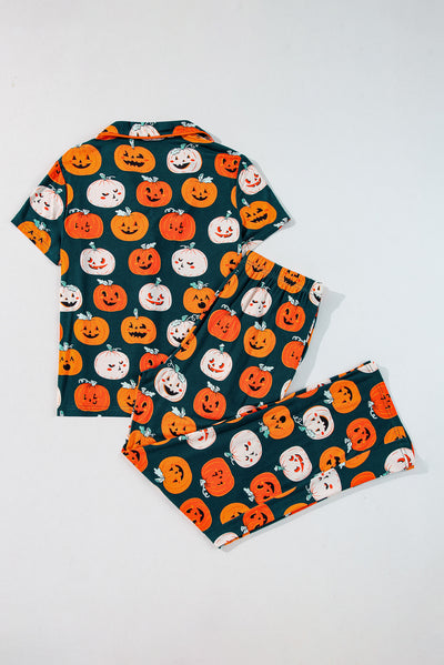 Orange Halloween Pattern Short Sleeve Shirt Pajama Set-Loungewear & Sleepwear/Sleepwear-MomFashion