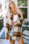 Brown Plaid Print Flap Pockets Long Shacket-Outerwear-MomFashion