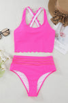 Rose Scalloped Criss Cross High Waist Bikini-Swimwear-MomFashion