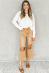 Brown Distressed Hollow-out High Waist Cropped Flare Jeans-Bottoms-MomFashion