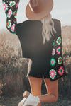 Black Floral Crochet Bell Sleeve Loose Sweater-Tops-MomFashion