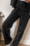 Black Solid Seamed Zipper Jacket and Drawstring Waist Pants Set-Two Piece Sets/Pant Sets-MomFashion