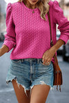 Rose Red Cable Textured Puff Sleeve Sweatshirt-Tops-MomFashion