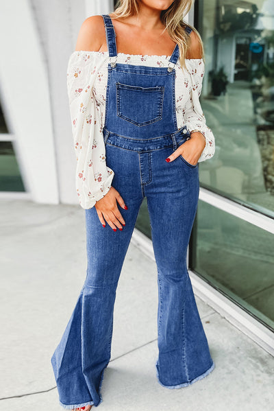 Dark Blue Adjustable Buckle Strap Flare Leg Denim Overalls-Bottoms-MomFashion