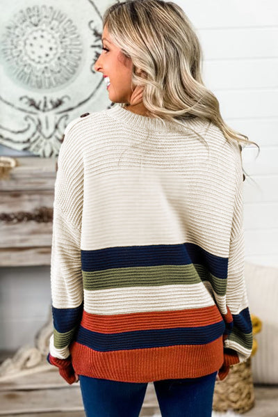 White Buttoned Shoulder Drop Shoulder Striped Sweater-Tops-MomFashion