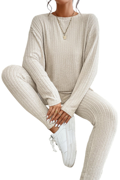 Apricot Ribbed Knit Loose Long Sleeve Top Skinny Pants Set-Loungewear-MomFashion