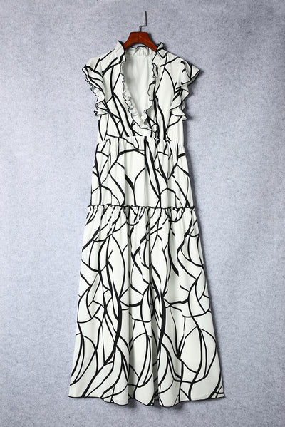 White Abstract Vein Print V Neck Ruffle Maxi Dress-Dresses-MomFashion