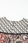 Black Mixed Floral Geometric Print Ruffled Long Sleeve Blouse-Tops-MomFashion