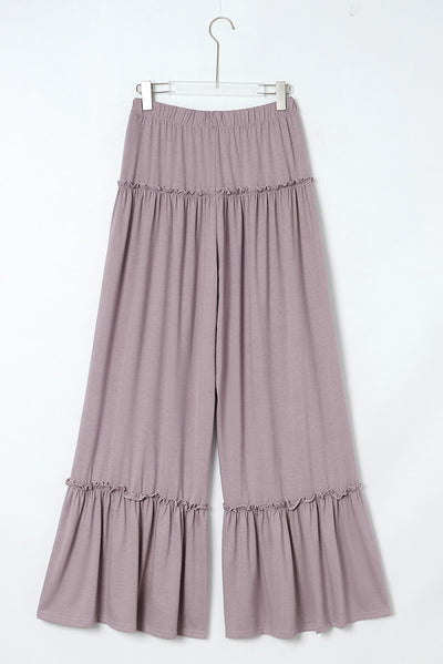 Khaki Frilled Drawstring High Waist Wide Leg Pants-Bottoms-MomFashion