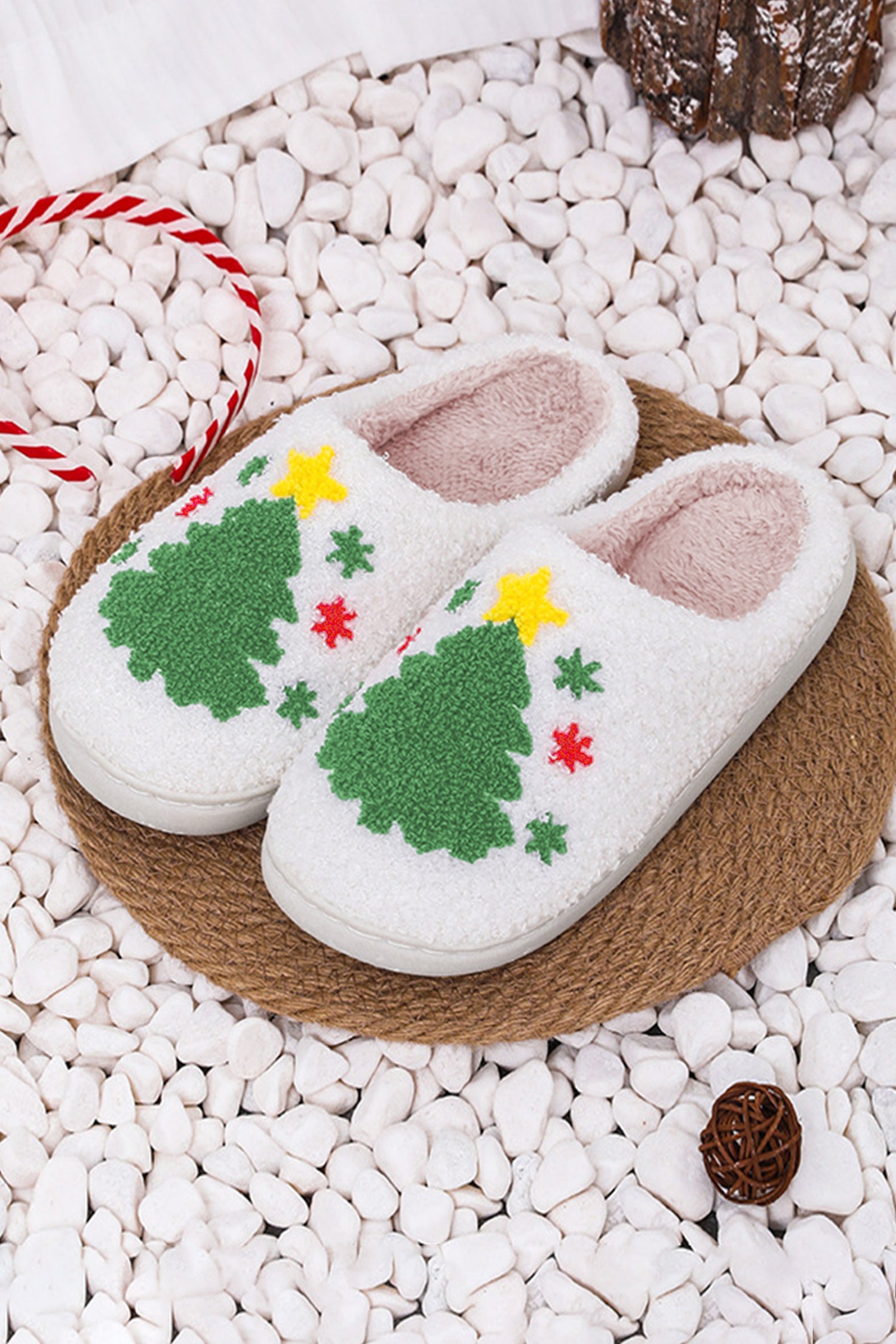 White Fuzzy Christmas Tree Pattern Home Slippers-Shoes & Bags-MomFashion